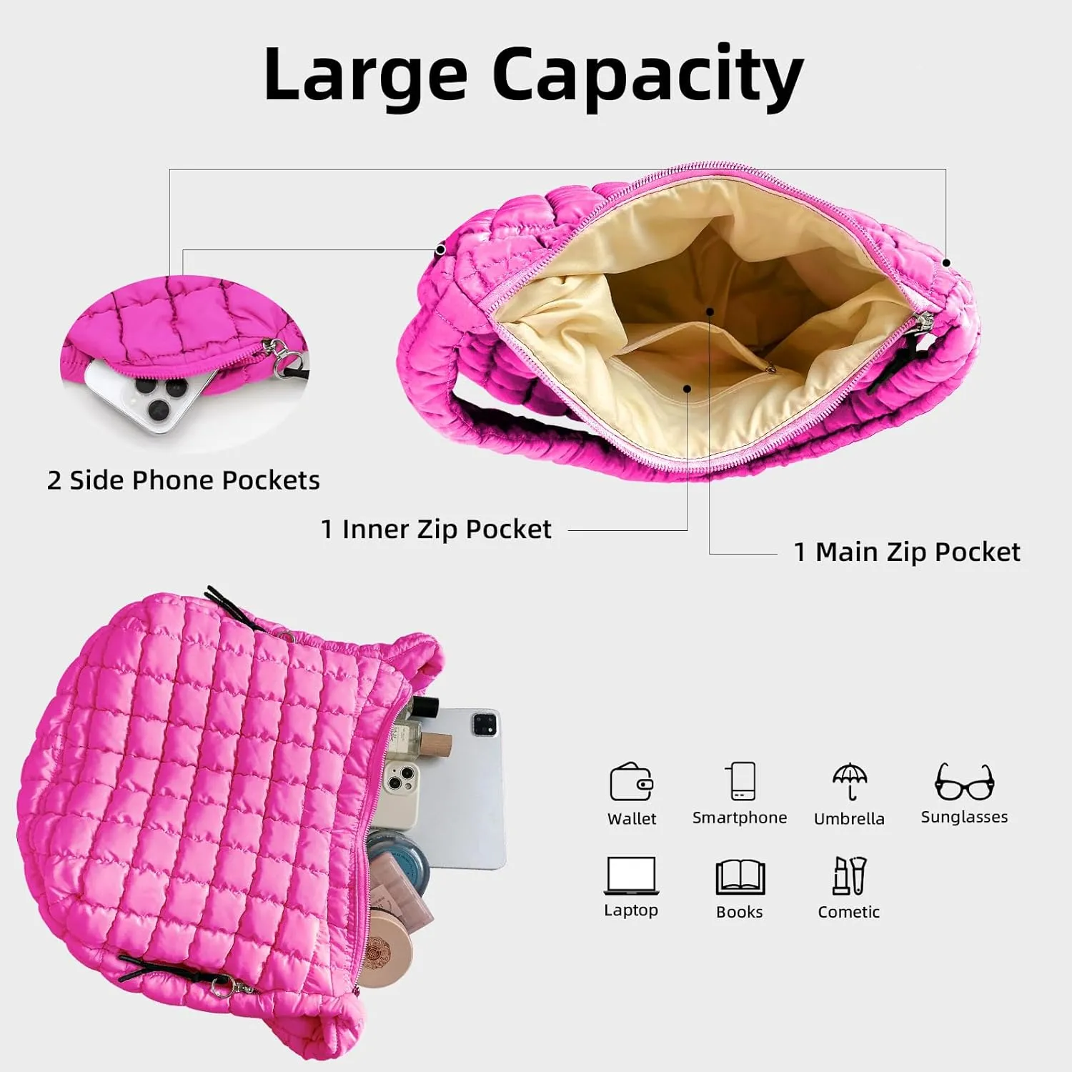 Large Quilted Tote Bag Crossbody Puffer Tote Bags for Women Quilted Hobo Bags Carryall Shoulder Bubble Bag