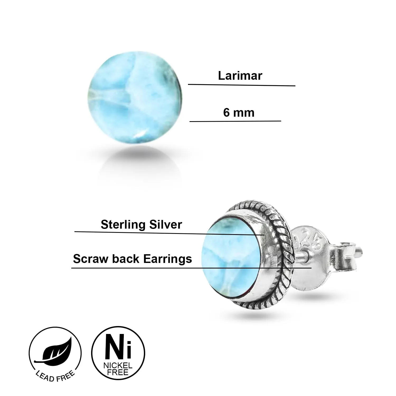 Larimar Stone Stud Post Earrings, 925 Sterling Silver Gemstone Earring 6 MM Round Girls Women Gift mothers day gifts