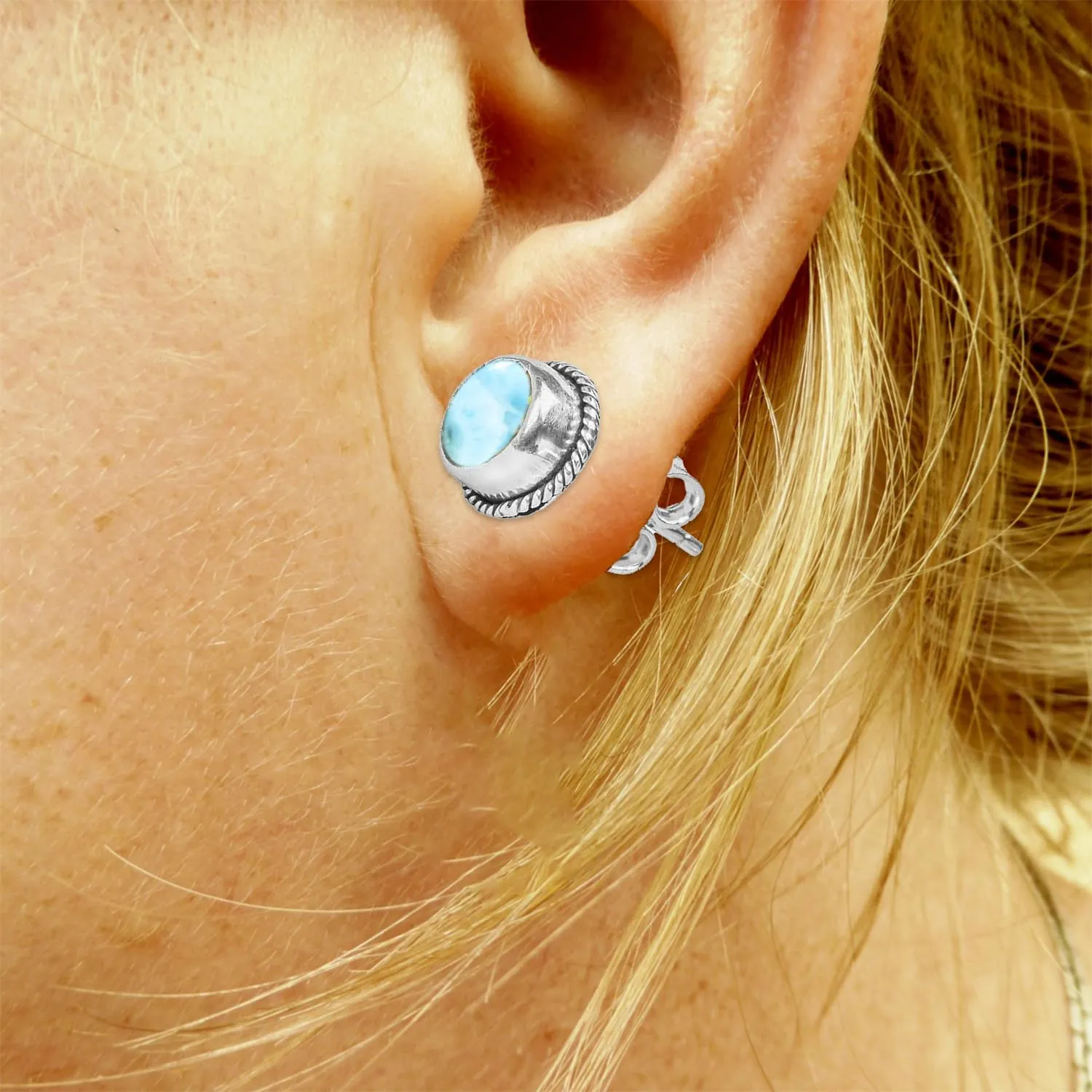 Larimar Stone Stud Post Earrings, 925 Sterling Silver Gemstone Earring 6 MM Round Girls Women Gift mothers day gifts