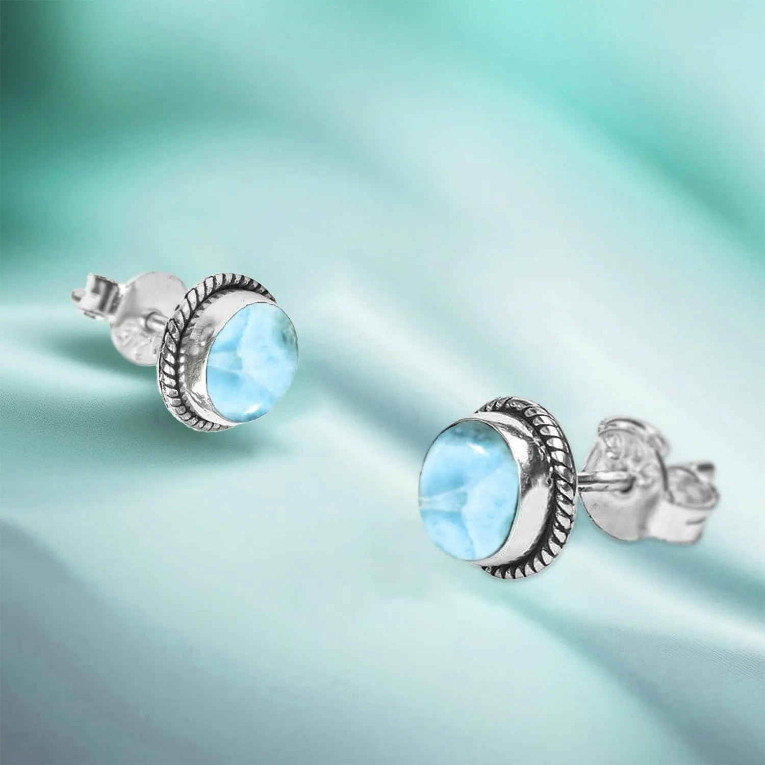 Larimar Stone Stud Post Earrings, 925 Sterling Silver Gemstone Earring 6 MM Round Girls Women Gift mothers day gifts