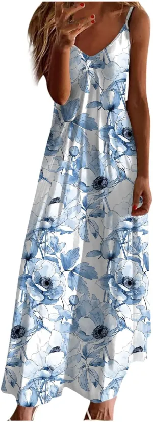 Lastesso Womens Summer Dresses Casual Spaghetti Strap Maxi Sundresses Relaxed Size Flower Dresses Beach Flowy Boho Dress