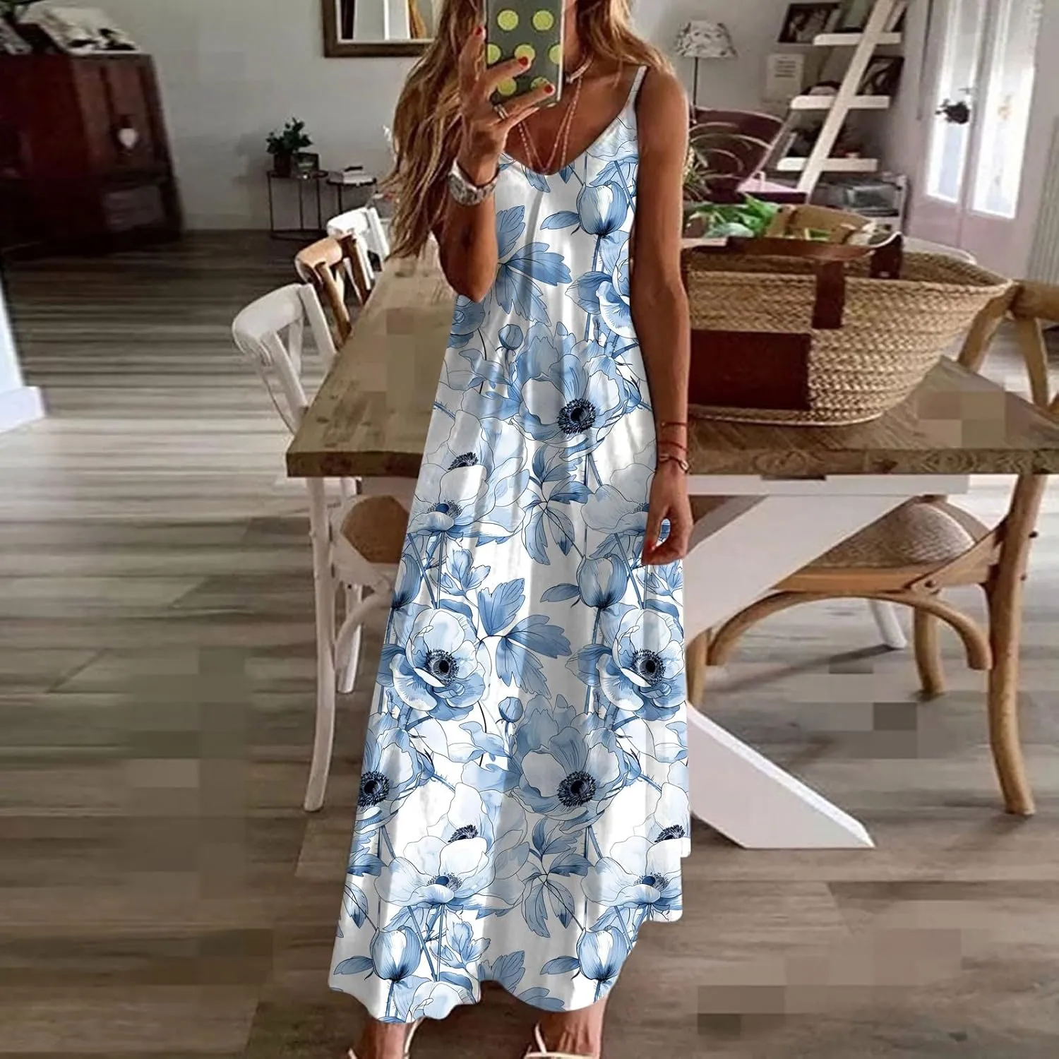 Lastesso Womens Summer Dresses Casual Spaghetti Strap Maxi Sundresses Relaxed Size Flower Dresses Beach Flowy Boho Dress