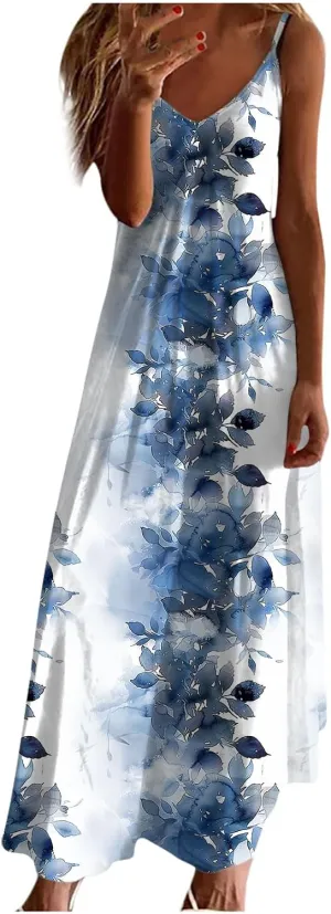Lastesso Womens Summer Dresses Casual Spaghetti Strap Maxi Sundresses Relaxed Size Flower Dresses Beach Flowy Boho Dress