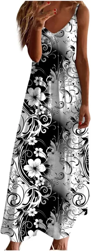 Lastesso Womens Summer Dresses Casual Spaghetti Strap Maxi Sundresses Relaxed Size Flower Dresses Beach Flowy Boho Dress