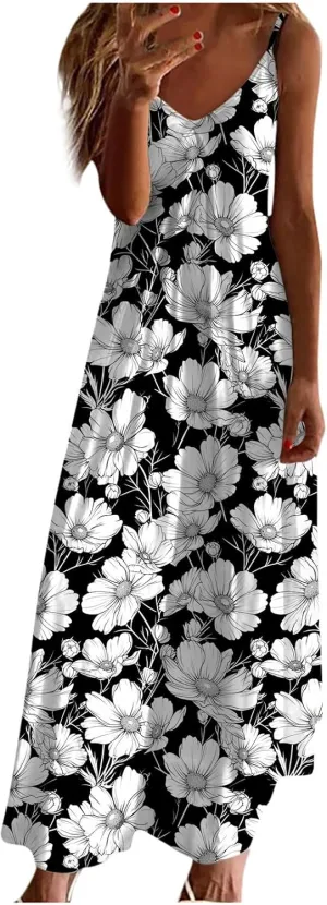 Lastesso Womens Summer Dresses Casual Spaghetti Strap Maxi Sundresses Relaxed Size Flower Dresses Beach Flowy Boho Dress