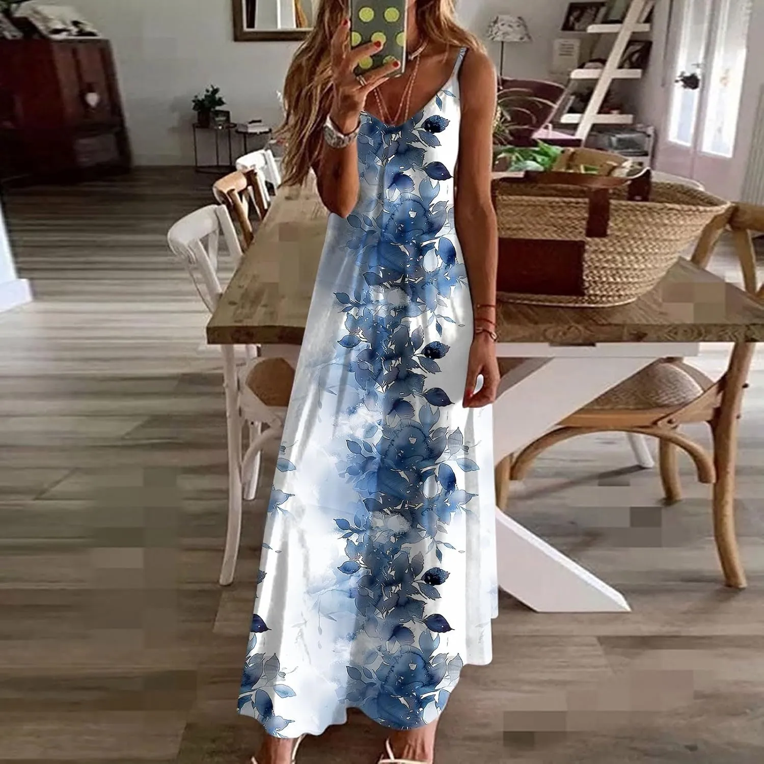 Lastesso Womens Summer Dresses Casual Spaghetti Strap Maxi Sundresses Relaxed Size Flower Dresses Beach Flowy Boho Dress