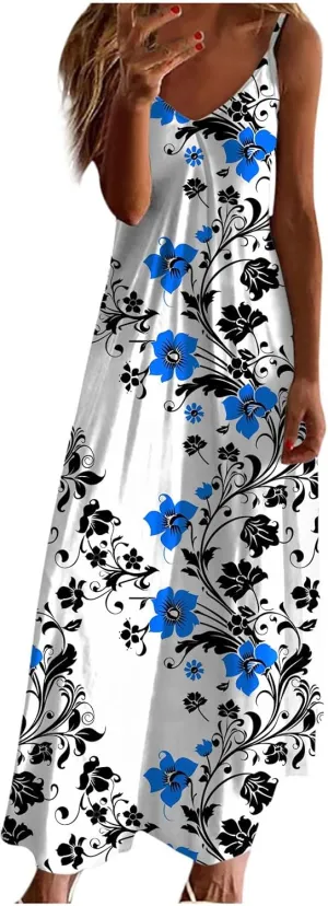 Lastesso Womens Summer Dresses Casual Spaghetti Strap Maxi Sundresses Relaxed Size Flower Dresses Beach Flowy Boho Dress