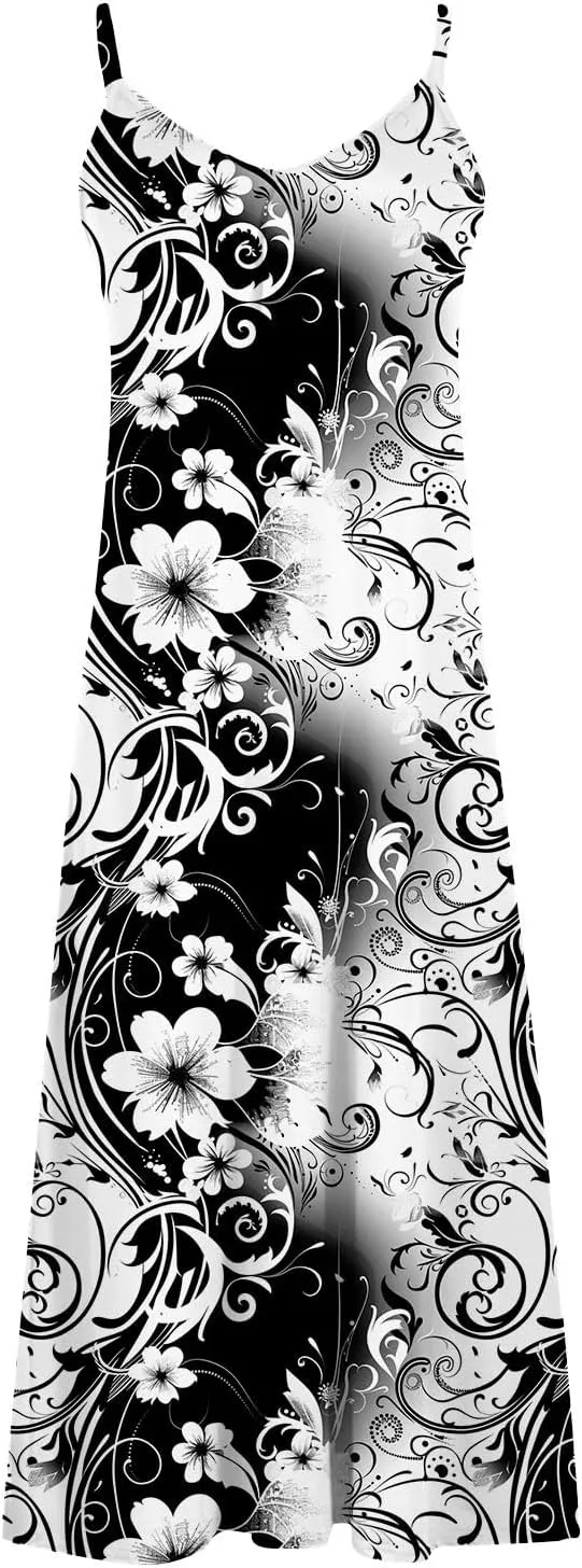 Lastesso Womens Summer Dresses Casual Spaghetti Strap Maxi Sundresses Relaxed Size Flower Dresses Beach Flowy Boho Dress