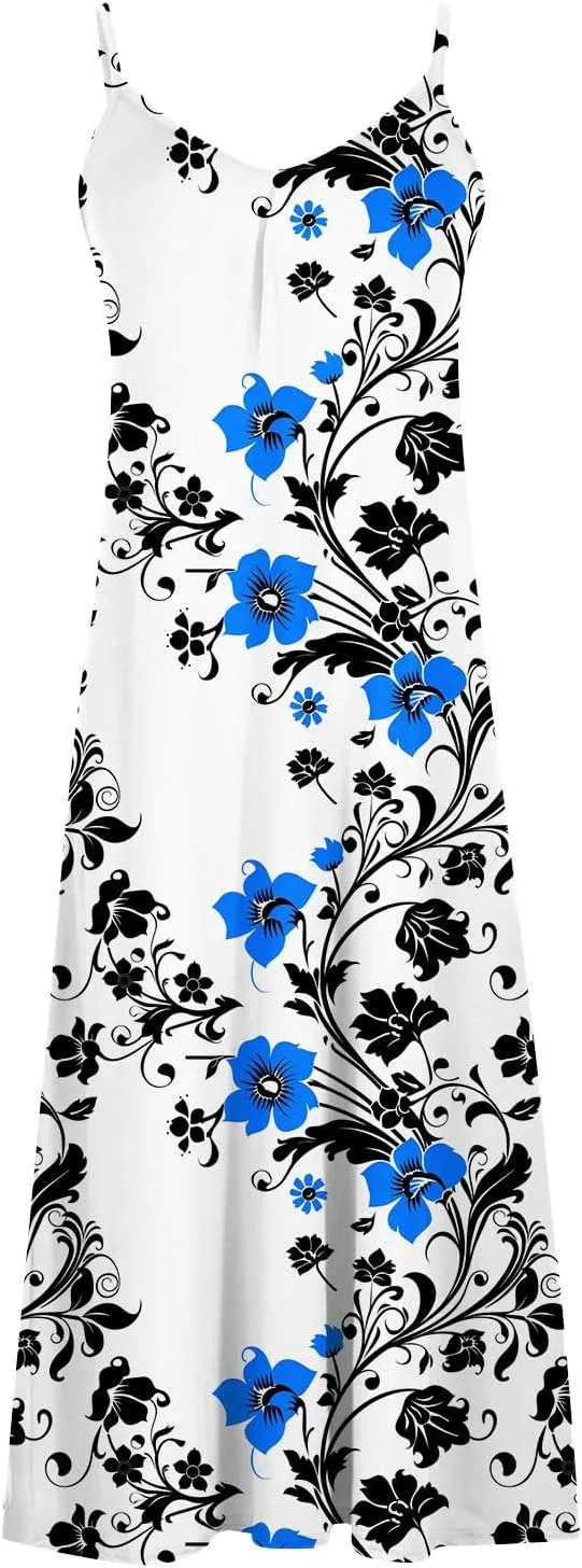 Lastesso Womens Summer Dresses Casual Spaghetti Strap Maxi Sundresses Relaxed Size Flower Dresses Beach Flowy Boho Dress