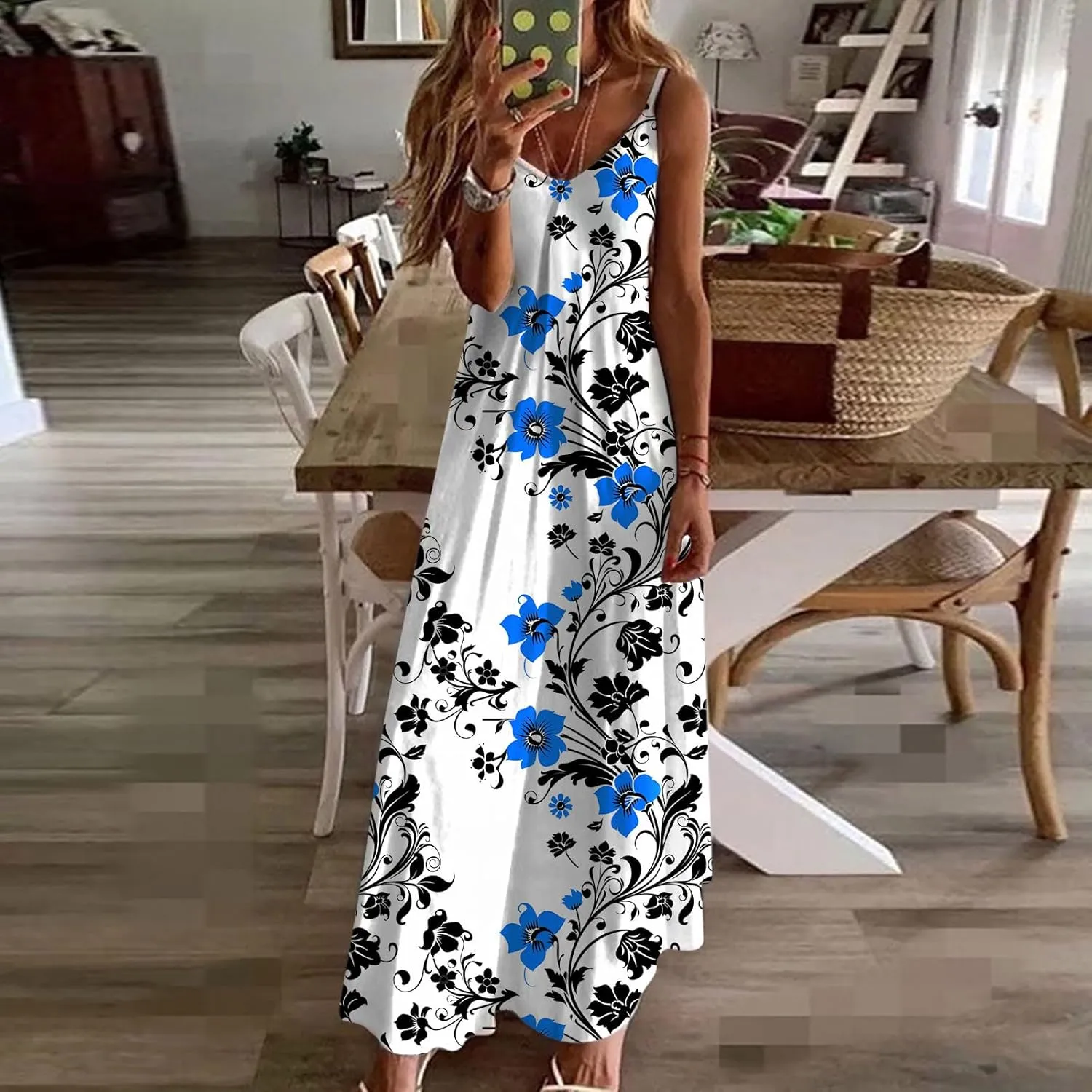 Lastesso Womens Summer Dresses Casual Spaghetti Strap Maxi Sundresses Relaxed Size Flower Dresses Beach Flowy Boho Dress
