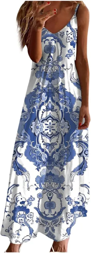 Lastesso Womens Summer Dresses Casual Spaghetti Strap Maxi Sundresses Relaxed Size Flower Dresses Beach Flowy Boho Dress