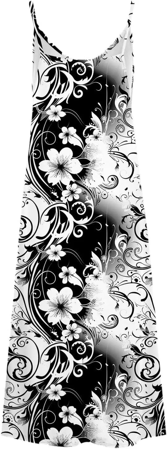 Lastesso Womens Summer Dresses Casual Spaghetti Strap Maxi Sundresses Relaxed Size Flower Dresses Beach Flowy Boho Dress