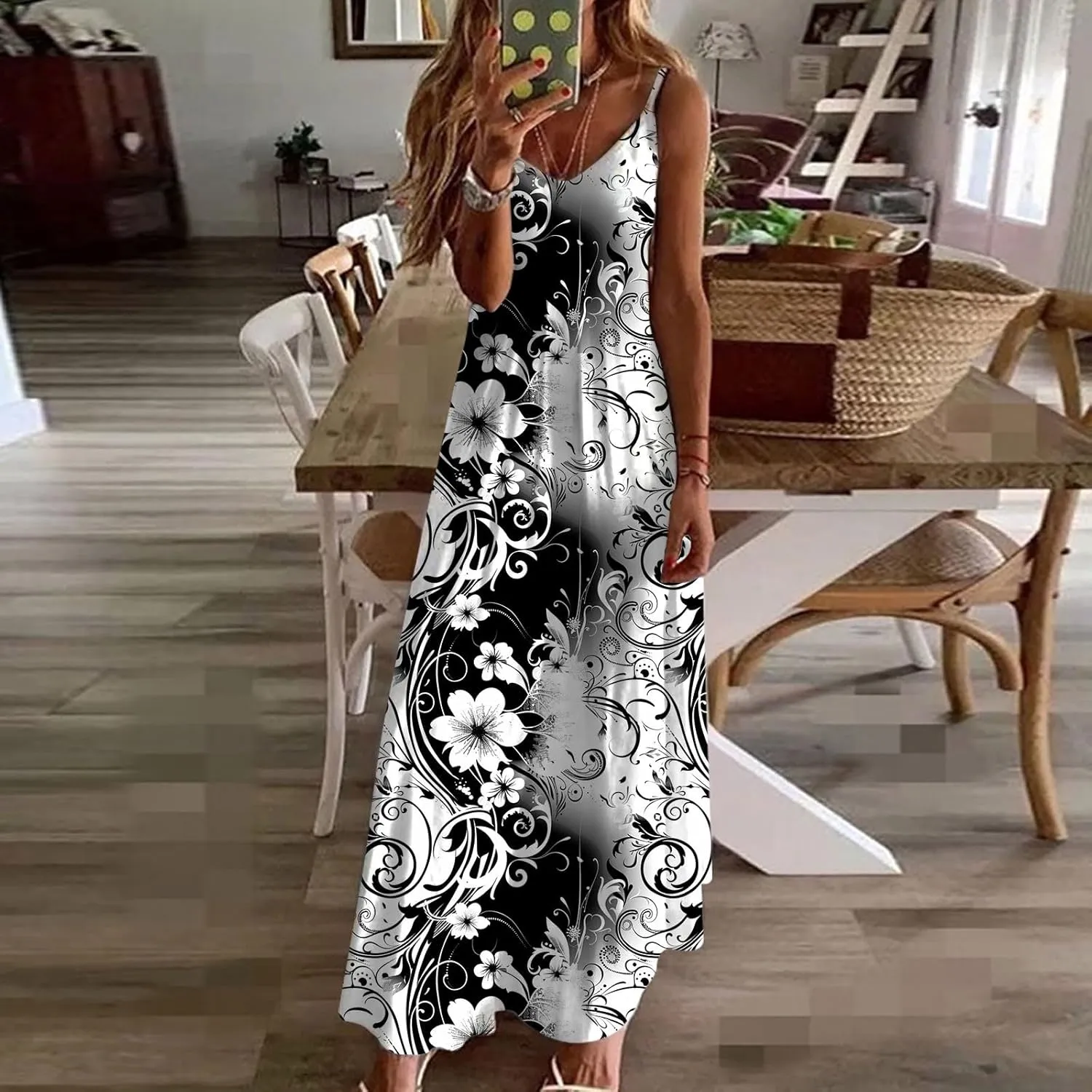 Lastesso Womens Summer Dresses Casual Spaghetti Strap Maxi Sundresses Relaxed Size Flower Dresses Beach Flowy Boho Dress