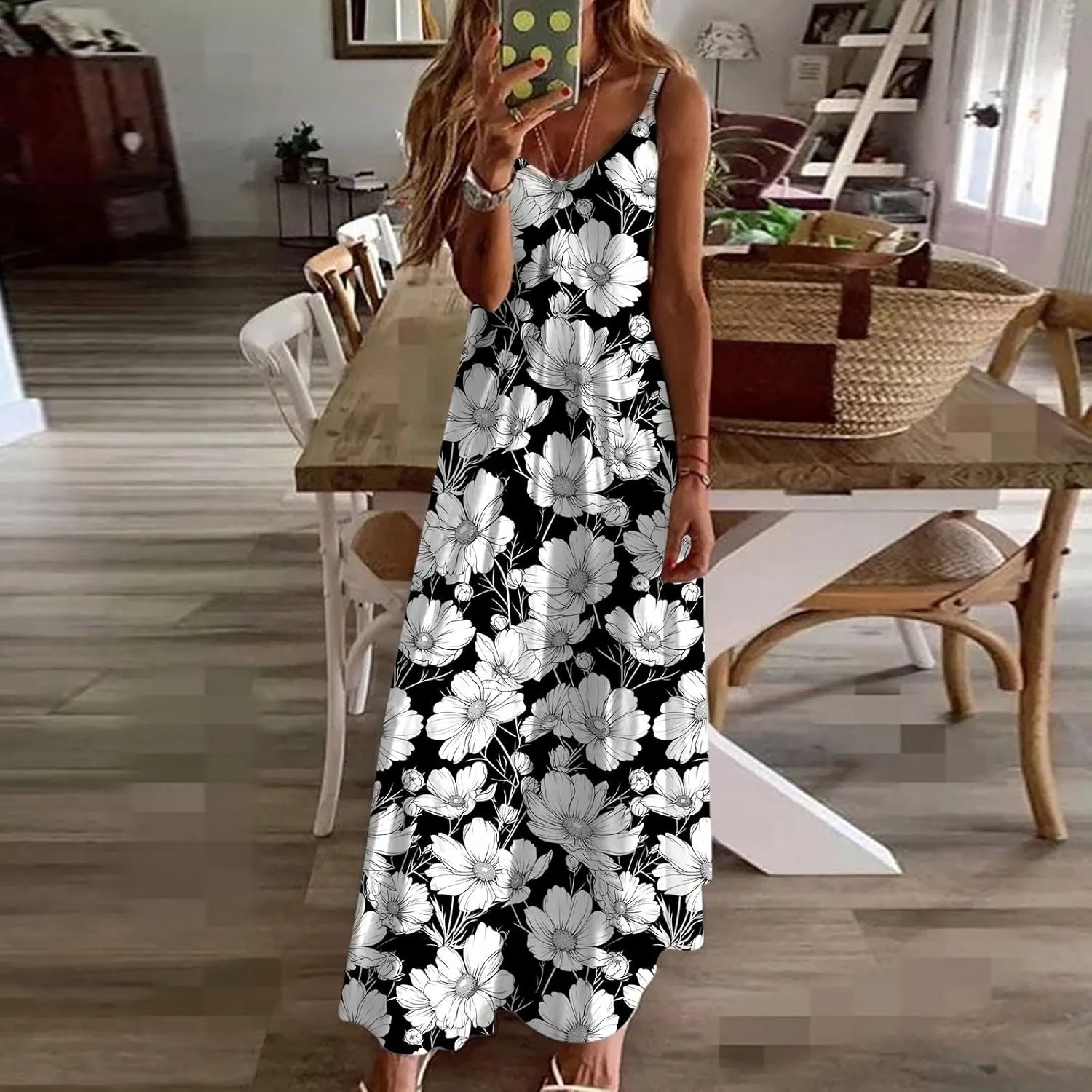 Lastesso Womens Summer Dresses Casual Spaghetti Strap Maxi Sundresses Relaxed Size Flower Dresses Beach Flowy Boho Dress