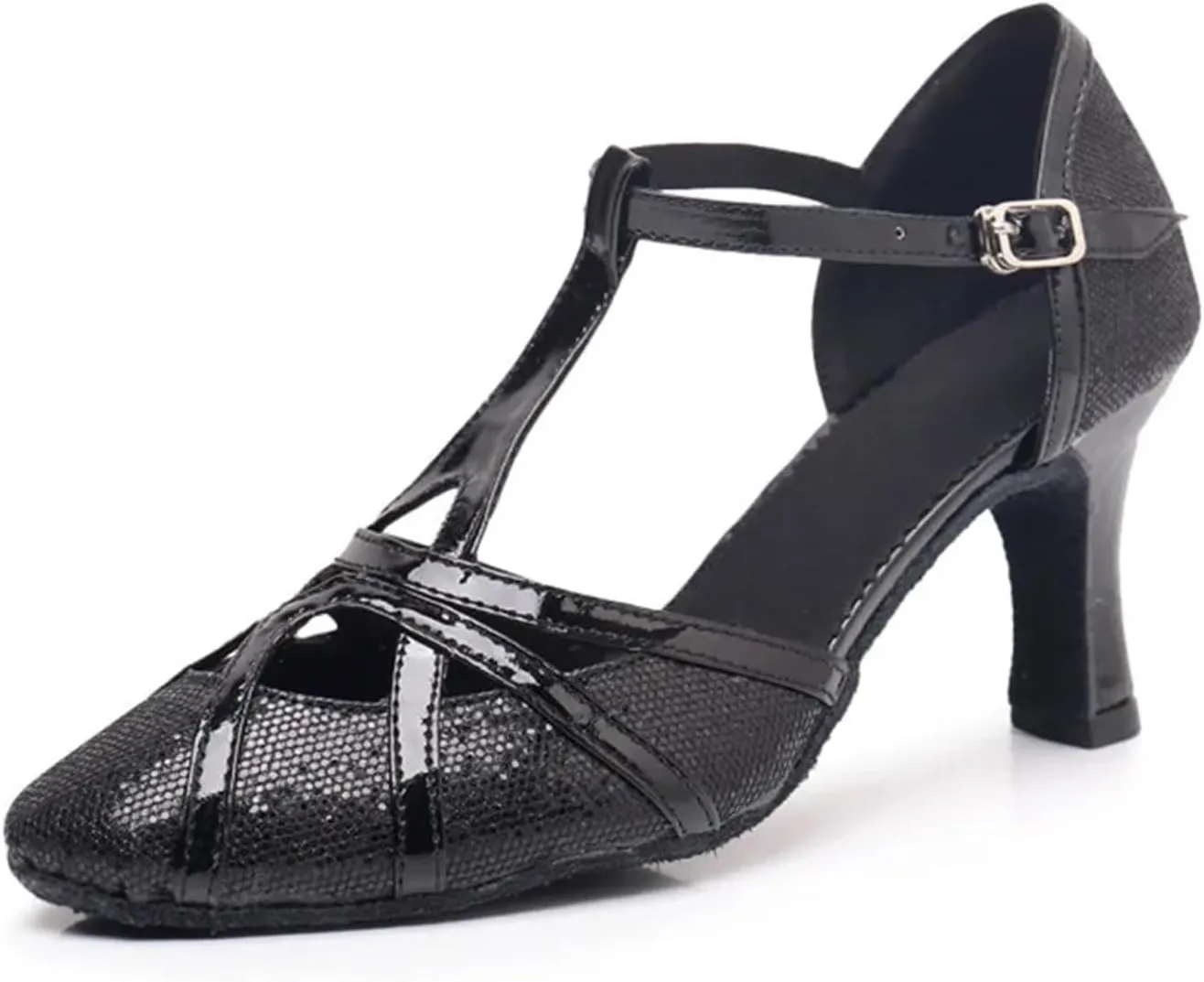 Latin Dance Shoes Tango Ballroom Woman High Heel For Wedding Shoes Gold Silver Shoes Women(Black 7.5cm,41)