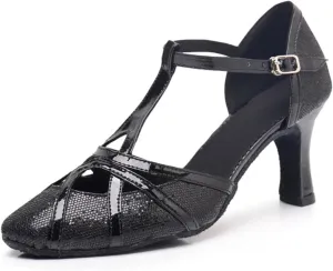 Latin Dance Shoes Tango Ballroom Woman High Heel For Wedding Shoes Gold Silver Shoes Women(Black 7.5cm,41)