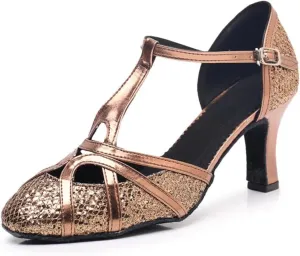 Latin Dance Shoes Tango Ballroom Woman High Heel For Wedding Shoes Gold Silver Shoes Women(Bronze 7.5cm,37)