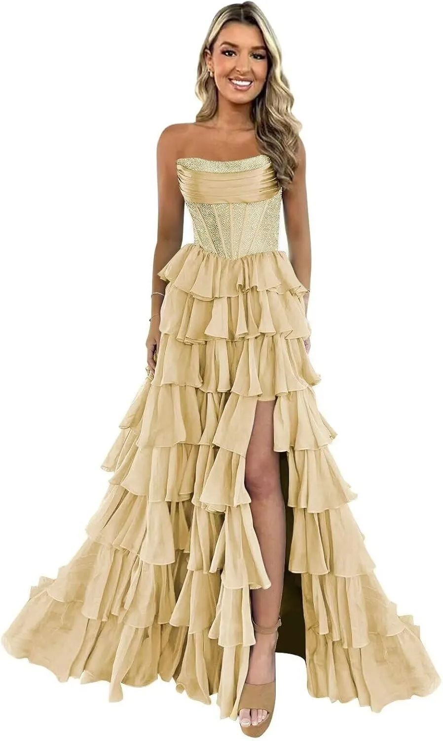 LECOYOYO Tiered Chiffon Prom Dress for Women 2025 Strapless Sparkly Sequins Formal Evening Gowns with Slit