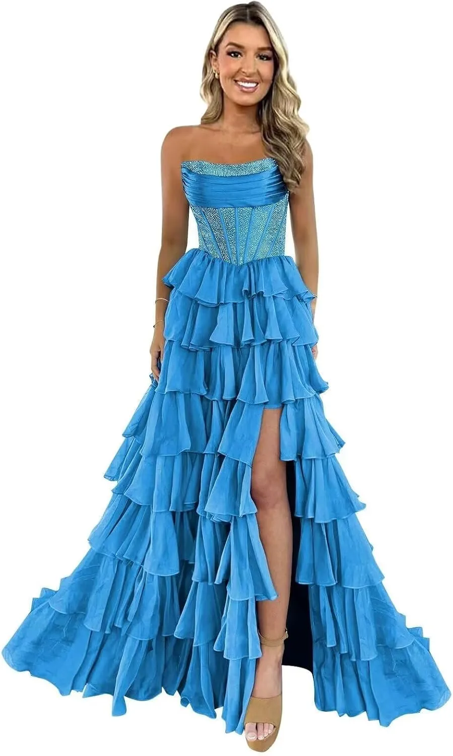 LECOYOYO Tiered Chiffon Prom Dress for Women 2025 Strapless Sparkly Sequins Formal Evening Gowns with Slit