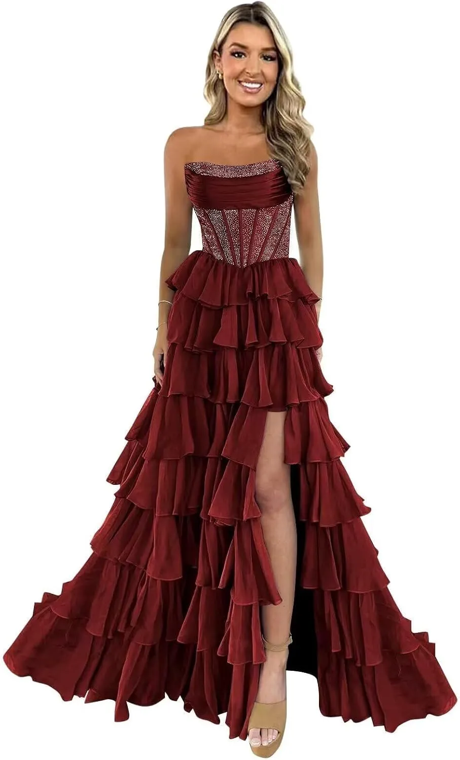 LECOYOYO Tiered Chiffon Prom Dress for Women 2025 Strapless Sparkly Sequins Formal Evening Gowns with Slit
