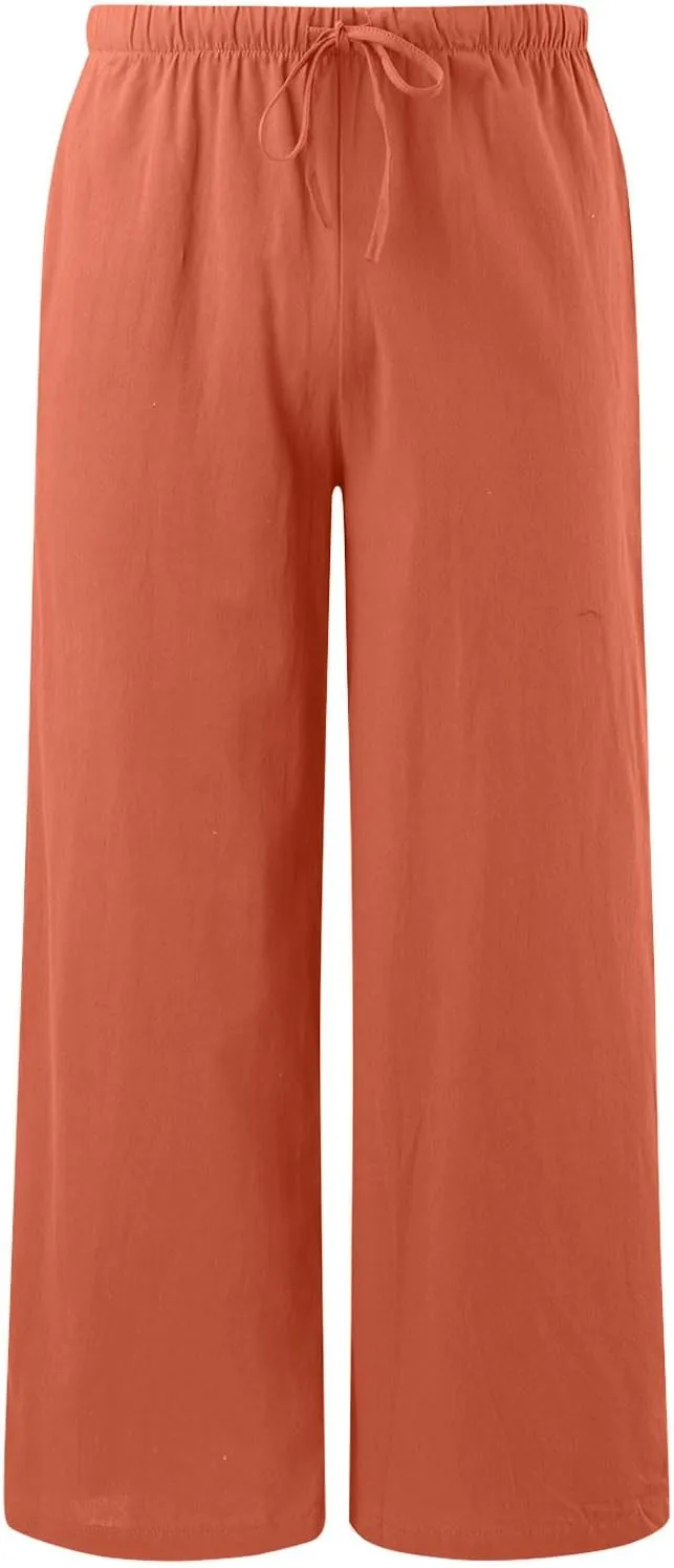 Linen Pants Women Summer Beach Flowy Wide Leg Palazzo Pants Plus Size Drawstring Vacation Outfits Pants Trousers with Pockets