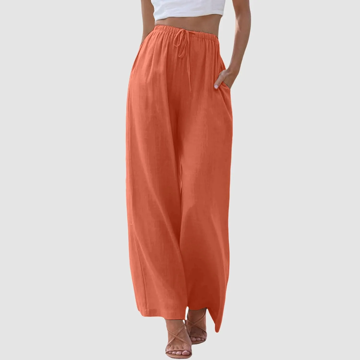 Linen Pants Women Summer Beach Flowy Wide Leg Palazzo Pants Plus Size Drawstring Vacation Outfits Pants Trousers with Pockets