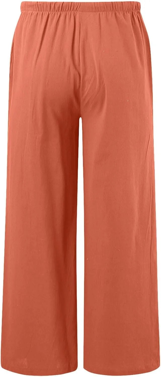 Linen Pants Women Summer Beach Flowy Wide Leg Palazzo Pants Plus Size Drawstring Vacation Outfits Pants Trousers with Pockets