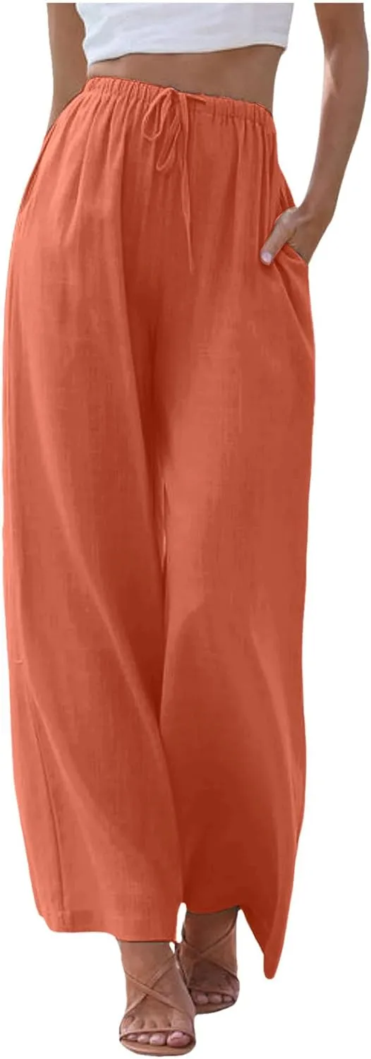 Linen Pants Women Summer Beach Flowy Wide Leg Palazzo Pants Plus Size Drawstring Vacation Outfits Pants Trousers with Pockets