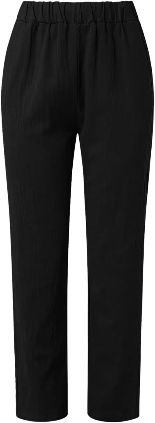 Linen Pants Women Summer Elastic Waist Straight Leg Lounge Pants Solid Color Lightweight Trendy Trousers with Pocket