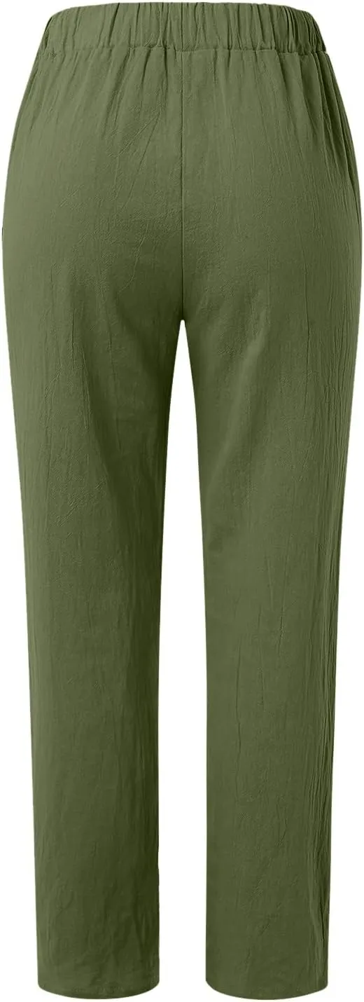 Linen Pants Women Summer Elastic Waist Straight Leg Lounge Pants Solid Color Lightweight Trendy Trousers with Pocket