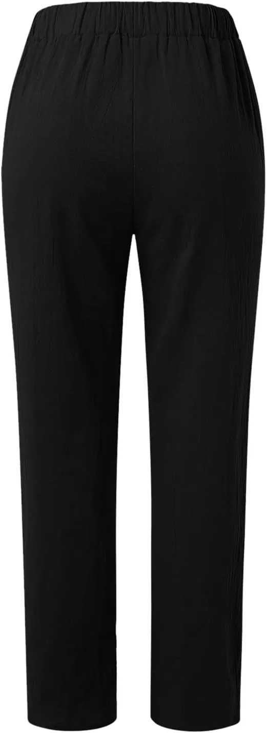 Linen Pants Women Summer Elastic Waist Straight Leg Lounge Pants Solid Color Lightweight Trendy Trousers with Pocket