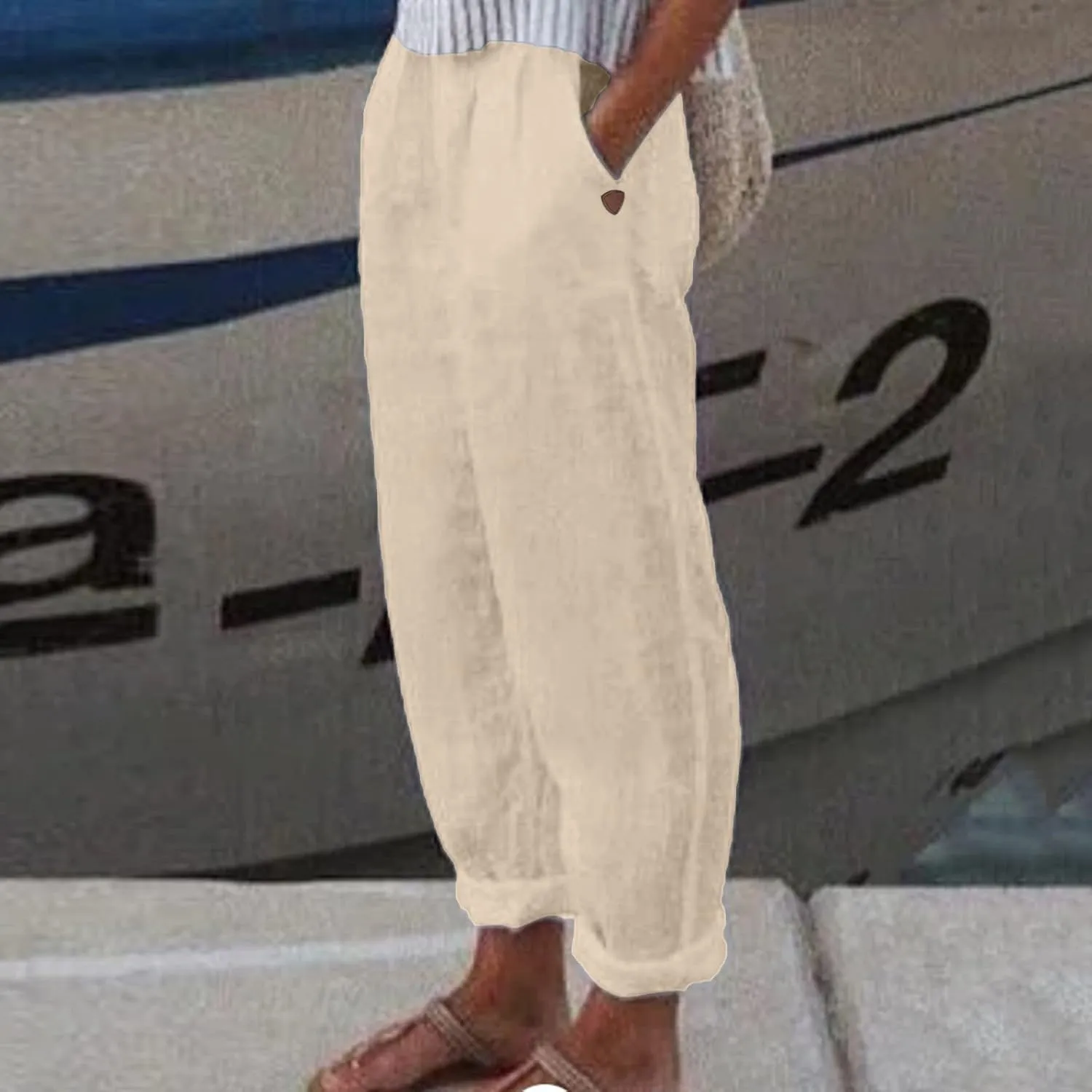 Linen Pants Women Summer Elastic Waist Straight Leg Lounge Pants Solid Color Lightweight Trendy Trousers with Pocket