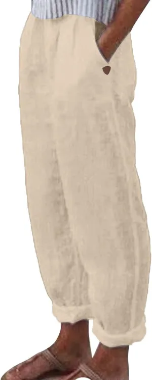 Linen Pants Women Summer Elastic Waist Straight Leg Lounge Pants Solid Color Lightweight Trendy Trousers with Pocket