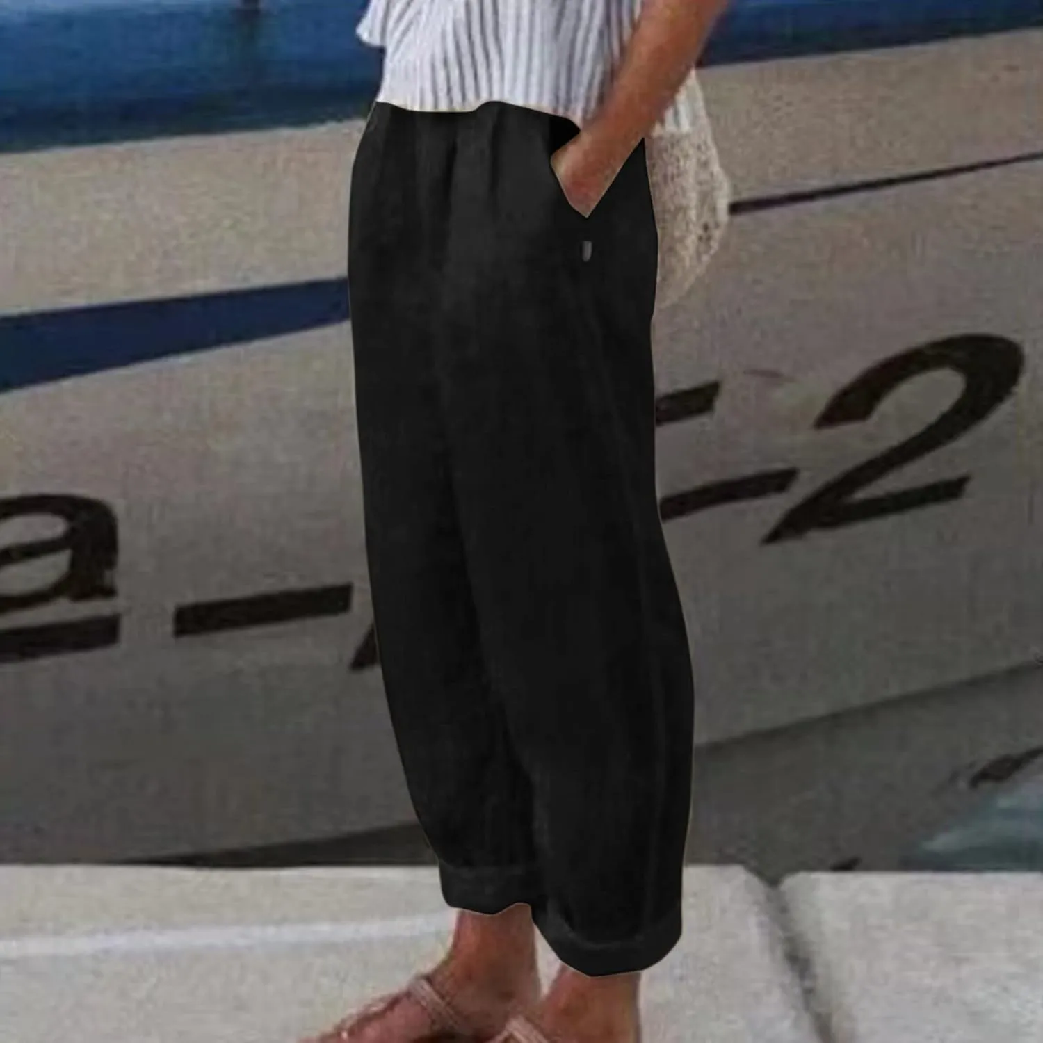 Linen Pants Women Summer Elastic Waist Straight Leg Lounge Pants Solid Color Lightweight Trendy Trousers with Pocket