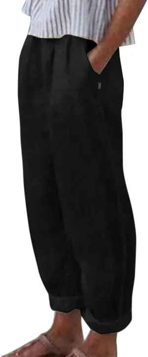 Linen Pants Women Summer Elastic Waist Straight Leg Lounge Pants Solid Color Lightweight Trendy Trousers with Pocket