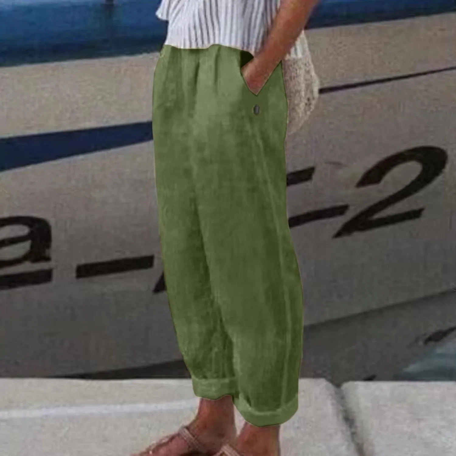 Linen Pants Women Summer Elastic Waist Straight Leg Lounge Pants Solid Color Lightweight Trendy Trousers with Pocket