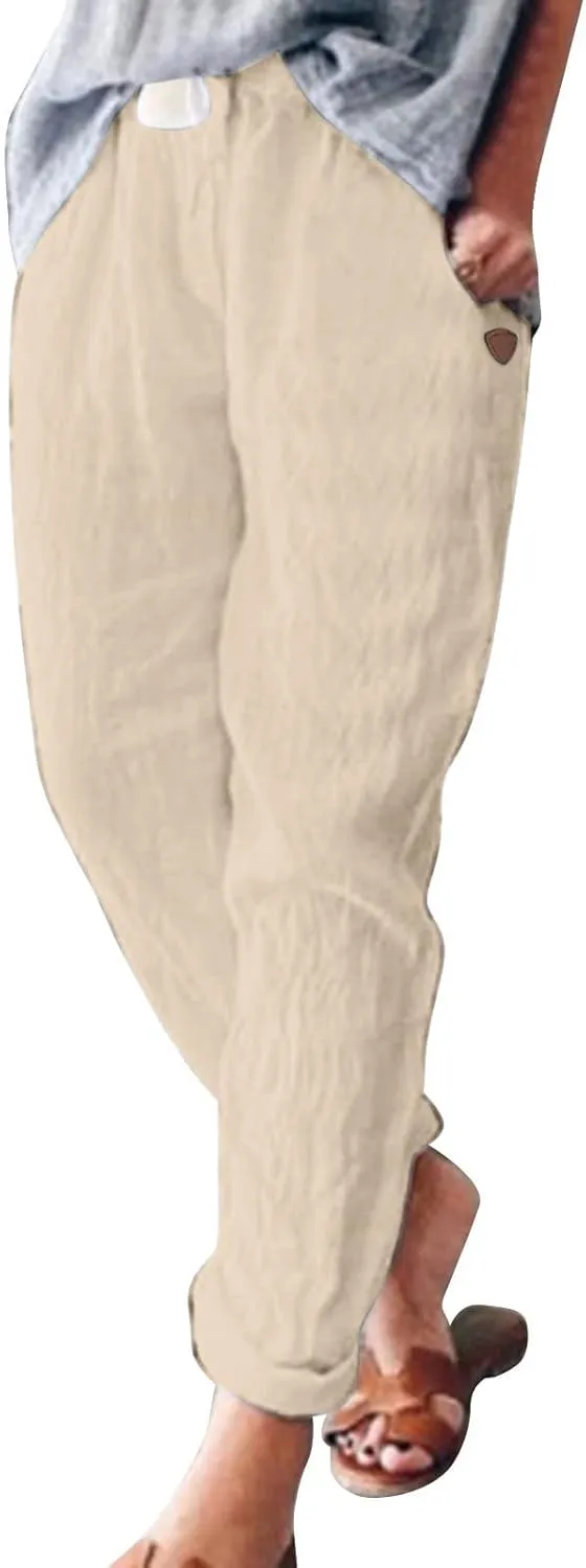 Linen Pants Women Summer Elastic Waist Straight Leg Lounge Pants Solid Color Lightweight Trendy Trousers with Pocket