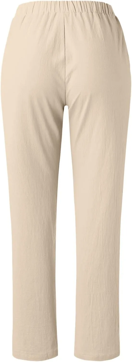 Linen Pants Women Summer Elastic Waist Straight Leg Lounge Pants Solid Color Lightweight Trendy Trousers with Pocket