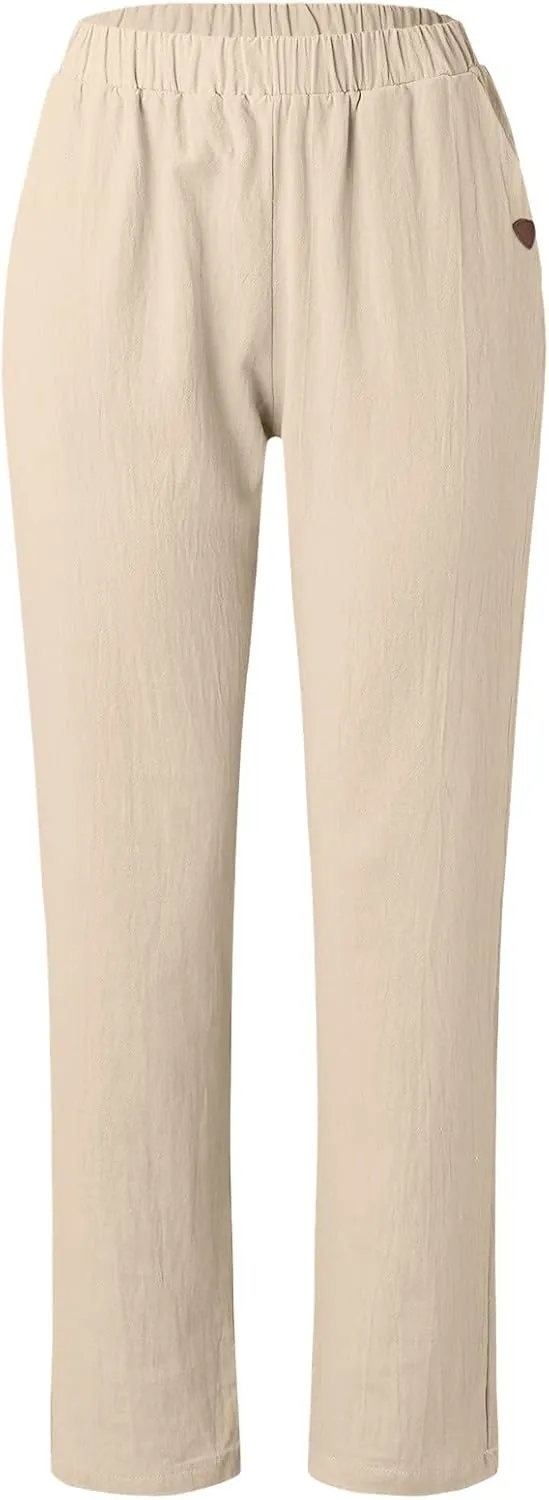 Linen Pants Women Summer Elastic Waist Straight Leg Lounge Pants Solid Color Lightweight Trendy Trousers with Pocket