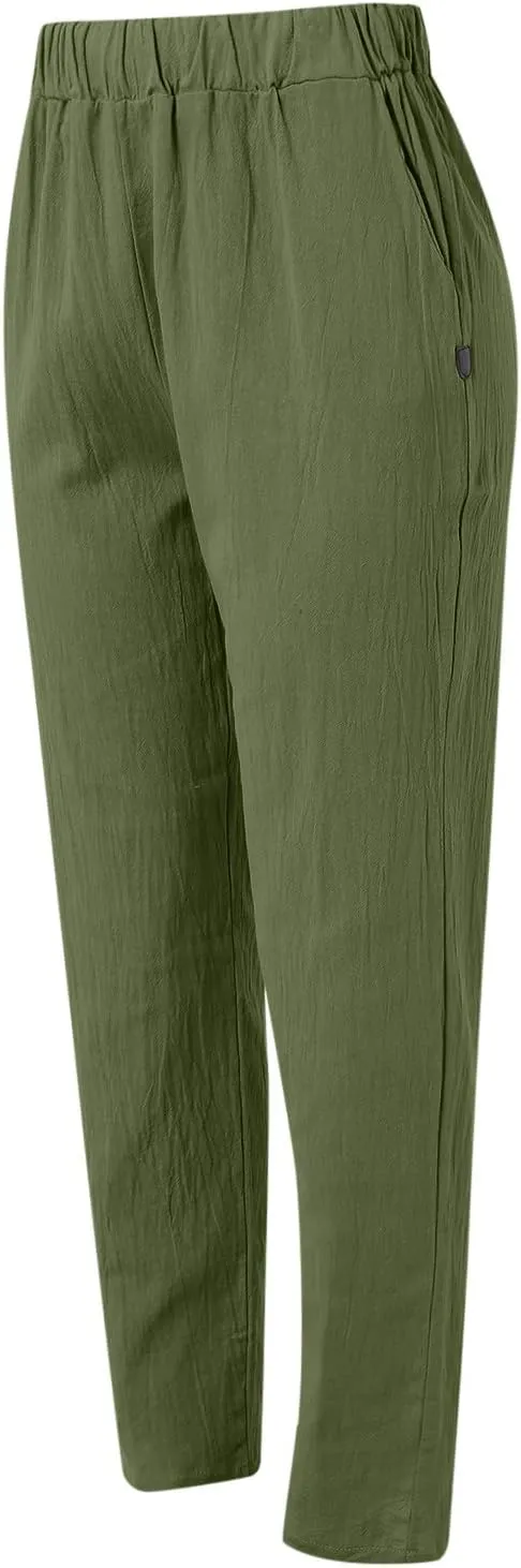 Linen Pants Women Summer Elastic Waist Straight Leg Lounge Pants Solid Color Lightweight Trendy Trousers with Pocket