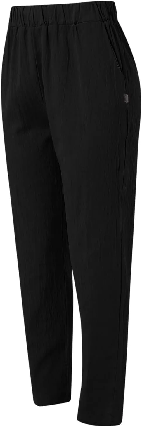 Linen Pants Women Summer Elastic Waist Straight Leg Lounge Pants Solid Color Lightweight Trendy Trousers with Pocket