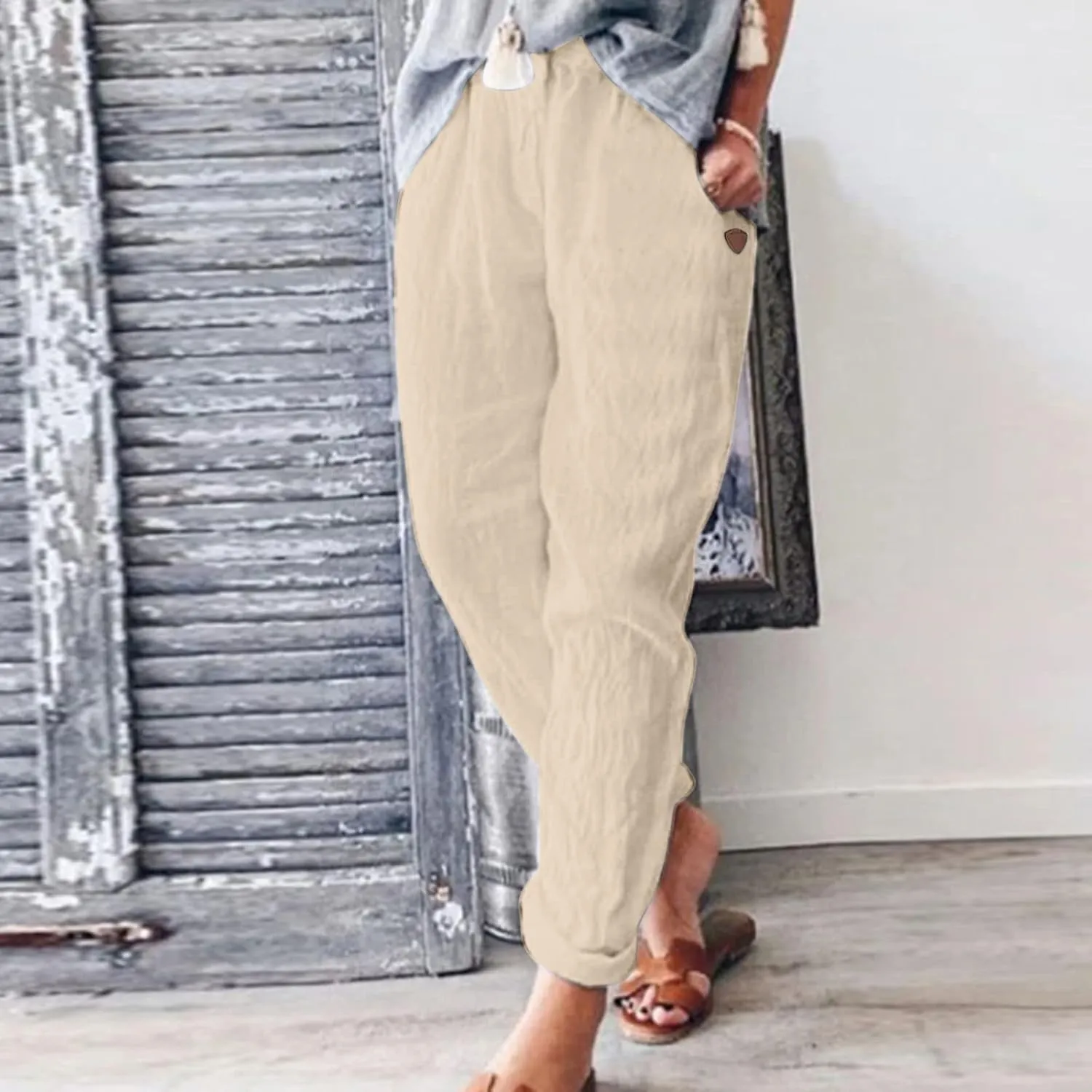 Linen Pants Women Summer Elastic Waist Straight Leg Lounge Pants Solid Color Lightweight Trendy Trousers with Pocket