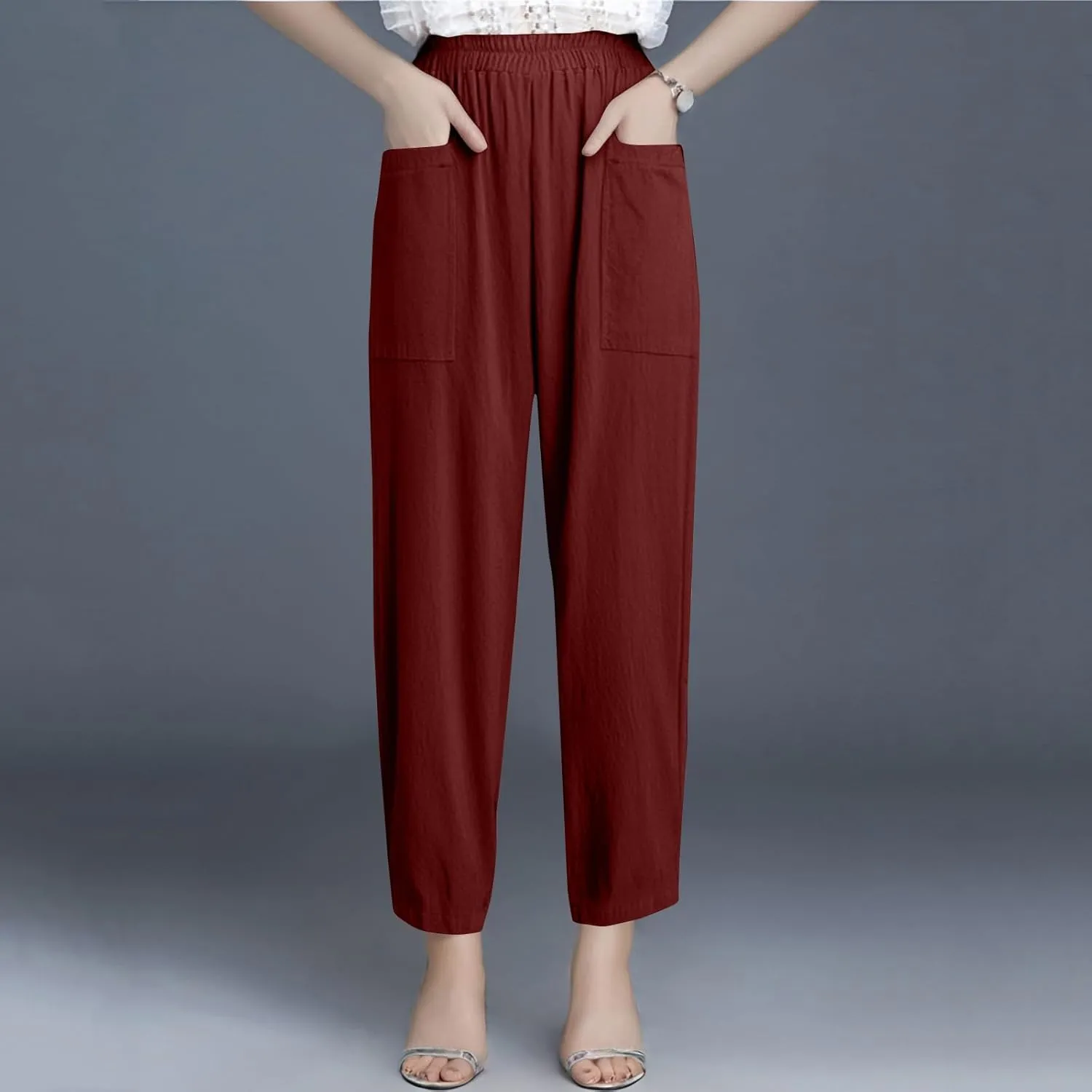 Linen Pants Women Summer Palazzo Pants Elastic High Waist Trouser Travel Wide Leg Pant with Pockets (S-2Xl)