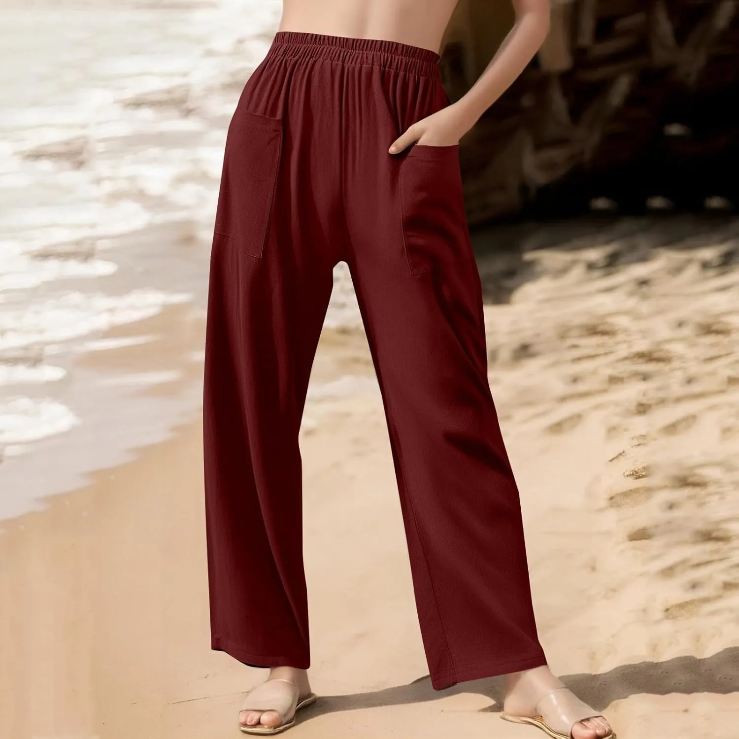 Linen Pants Women Summer Palazzo Pants Elastic High Waist Trouser Travel Wide Leg Pant with Pockets (S-2Xl)