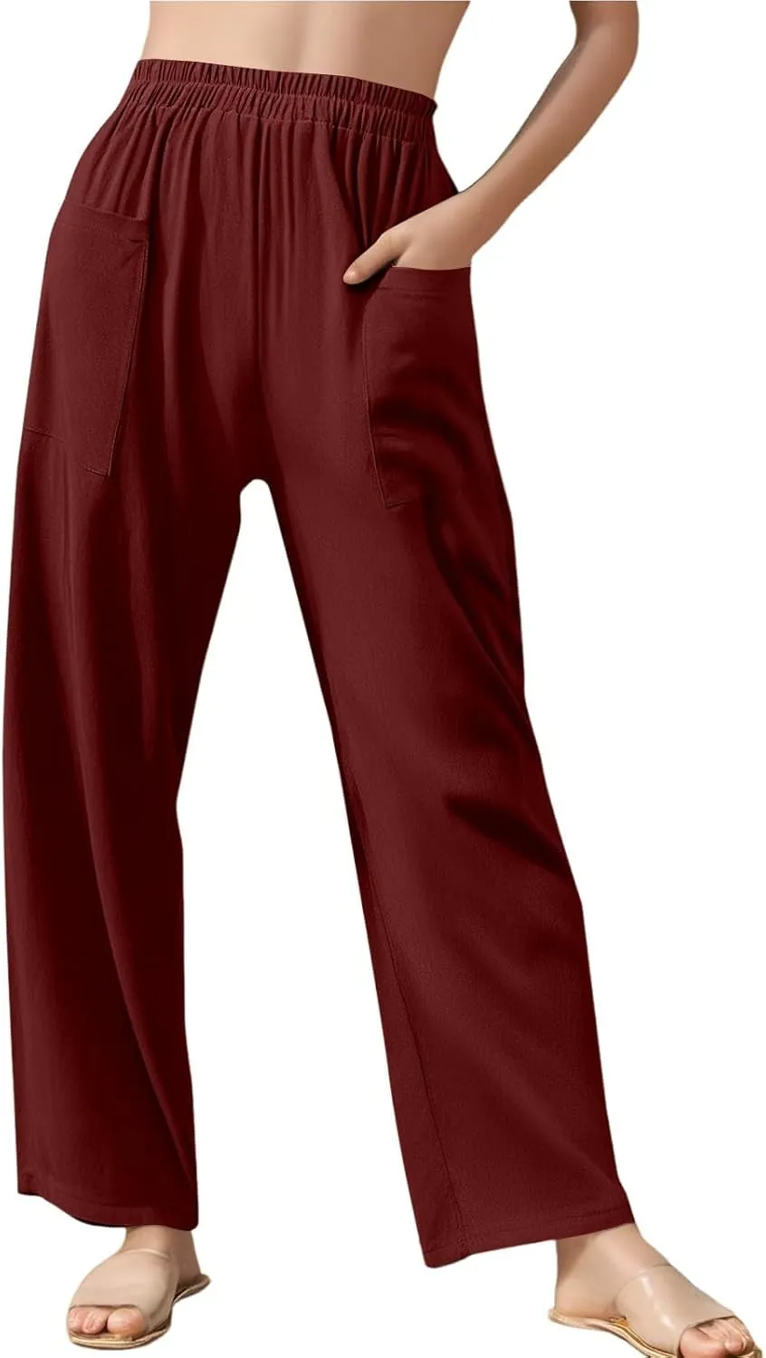Linen Pants Women Summer Palazzo Pants Elastic High Waist Trouser Travel Wide Leg Pant with Pockets (S-2Xl)