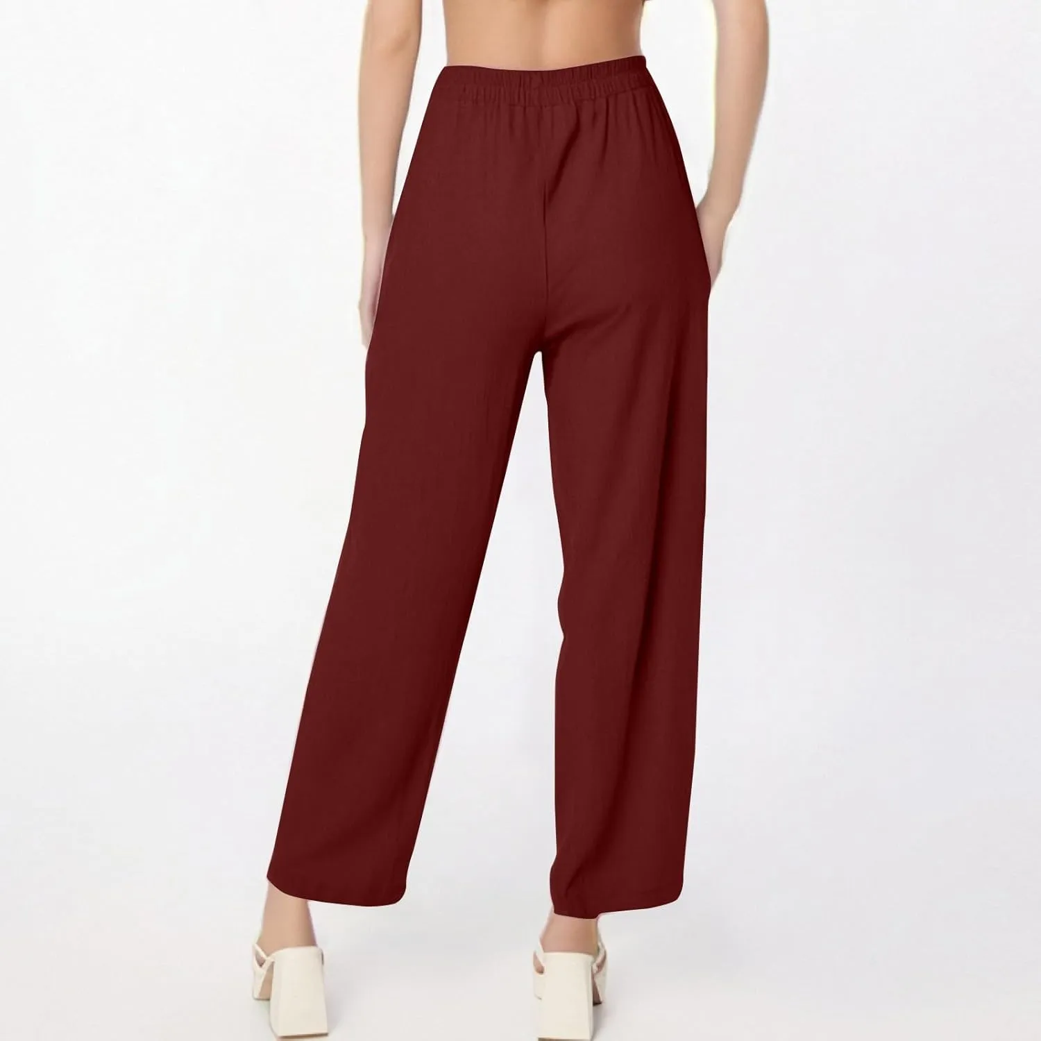 Linen Pants Women Summer Palazzo Pants Elastic High Waist Trouser Travel Wide Leg Pant with Pockets (S-2Xl)