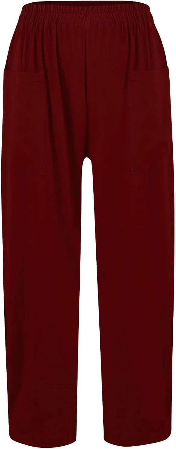 Linen Pants Women Summer Palazzo Pants Elastic High Waist Trouser Travel Wide Leg Pant with Pockets (S-2Xl)