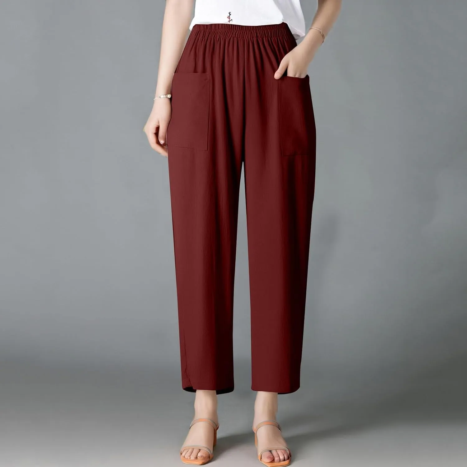 Linen Pants Women Summer Palazzo Pants Elastic High Waist Trouser Travel Wide Leg Pant with Pockets (S-2Xl)