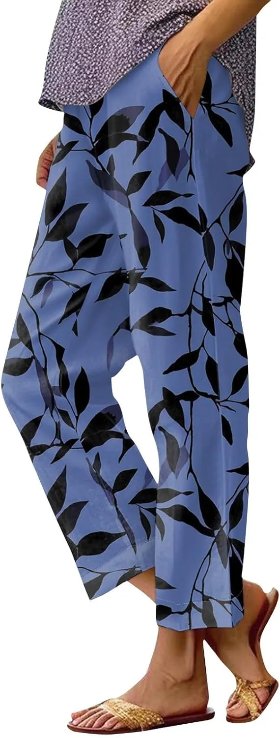 Linen Pants Women Summer Wide Leg Straight High Waist Pants Trendy Elastic Waist Comfy with Pockets Trouser Floral Print