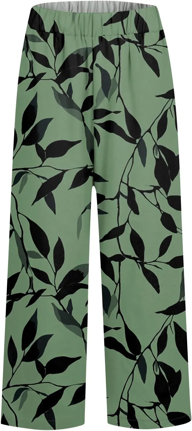 Linen Pants Women Summer Wide Leg Straight High Waist Pants Trendy Elastic Waist Comfy with Pockets Trouser Floral Print